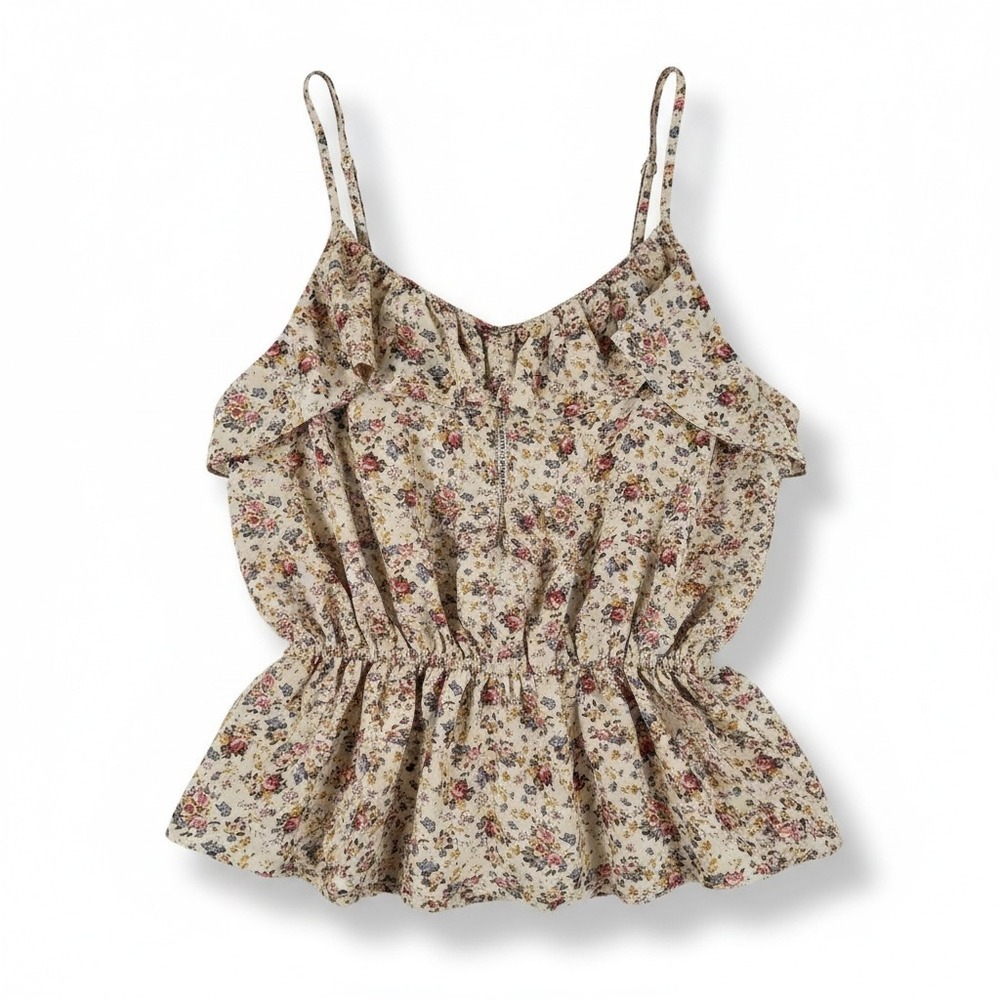Papaya Floral Ruffle Halter‎ Tank Top Juniors L Beige Boho Coquette Cottagecore